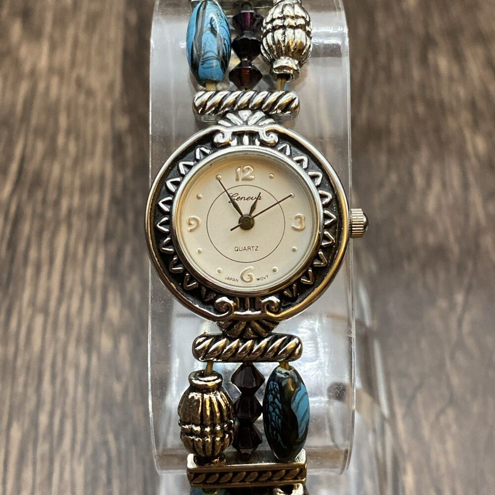 Geneva Women's Watch with Blue And Silver Beaded Wrist Band New Battery